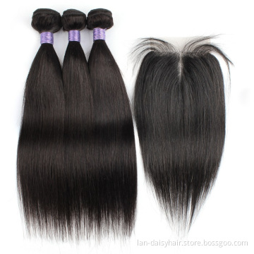 Natural Black hair bundles with closure straight  Brazilian human hair middle part 4x4 closure with T type lace